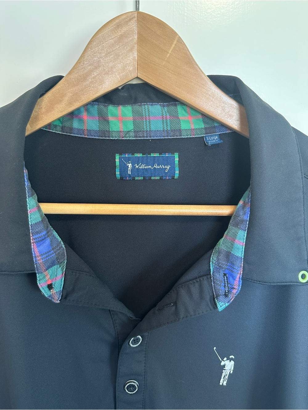 William Murray Golf Black Polo with Tartan Sleeve Trim